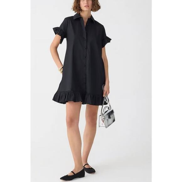 J. Crew Short Sleeve Shirt Dress Womens XS Black Ruffle Pockets Cotton Preppy - Picture 1 of 11
